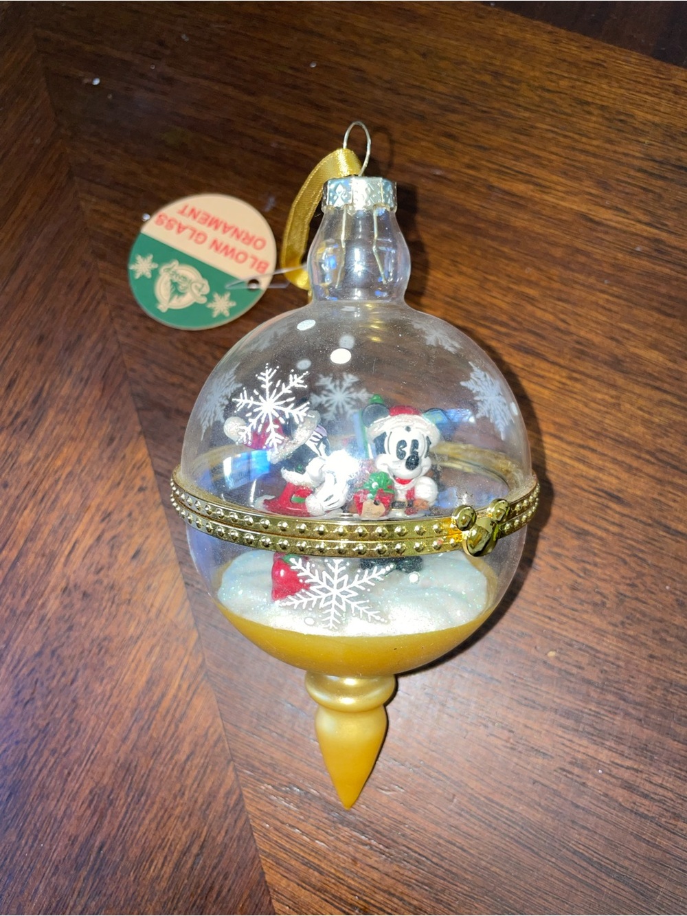 Disney Mickey Minnie Christmas Ornament Glass Clamshell Opening Holiday